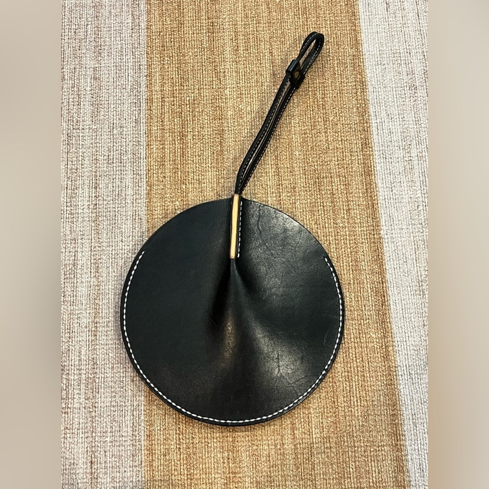 Round Black Leather Clutch – 8” Minimalist Wristlet Bag handmade